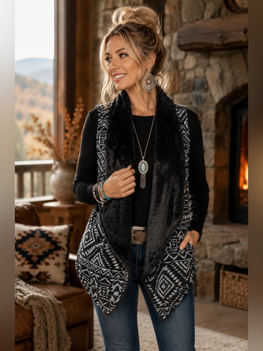 Spoiled Black & Gray Aztec Faux Fur Open Front Vest Size M Cozy Boutique Layer